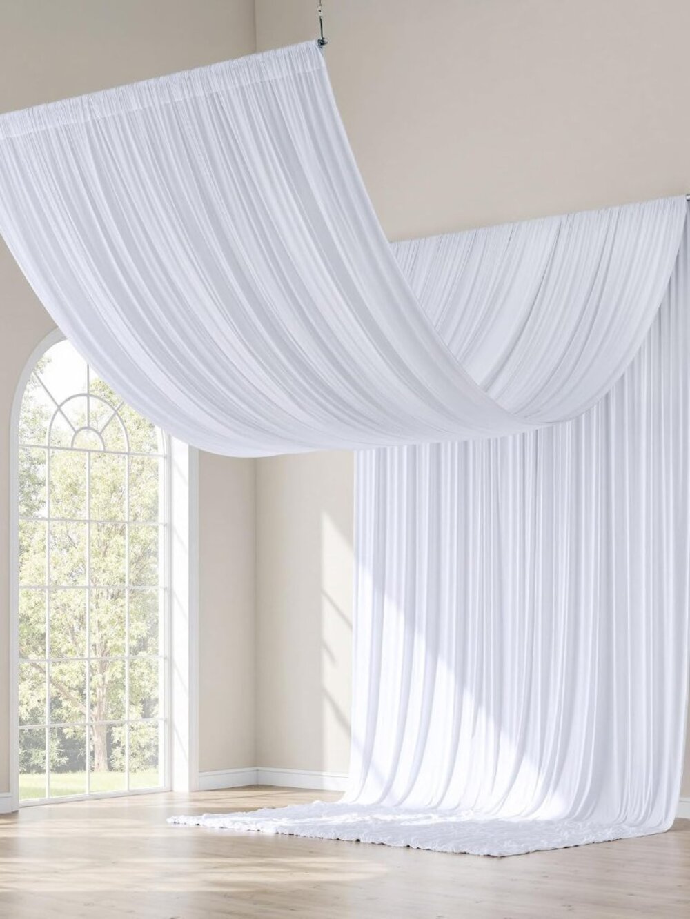 10x20FT White Ceiling Drapes for Weddings Parties - 2 Panels of 5x20FT Wrinkle F
